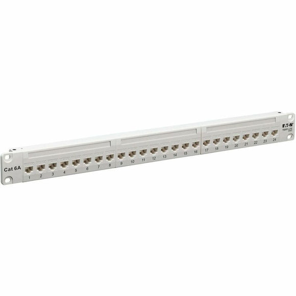 Eaton Tripp Lite Series 24-Port Cat6a Feed-Through Patch Panel - 4PPoE Compliant, 1U Rack-Mount, RJ45 Ethernet, White, TAA