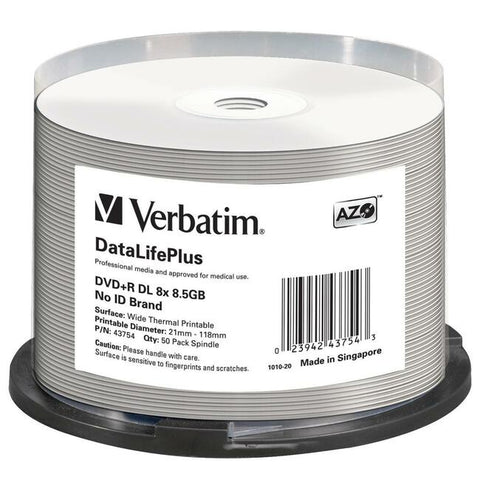 Verbatim DVD+R DL 8.5GB 8X DataLifePlus White Thermal Printable, Hub Printable - 50pk Spindle - SystemsDirect.com