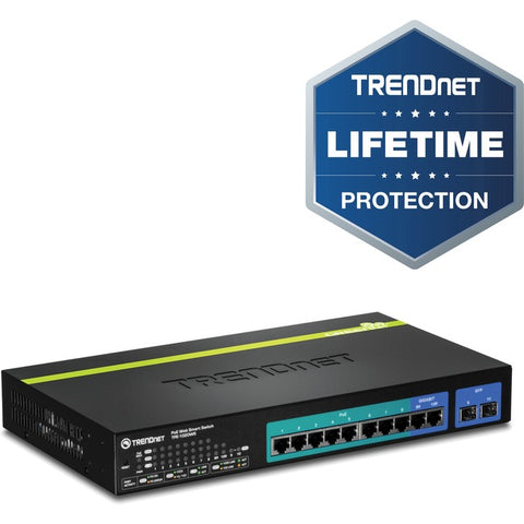 TRENDnet 10-Port Gigabit Web Smart PoE+ Switch, 8 x PoE+ Gigabit Ports, 2 x Gigabit Ethernet Ports, 2 x Shared SFP Slots, 75W Total Power Budget, Rack Mountable, Lifetime Protection, Black, TPE-1020WS